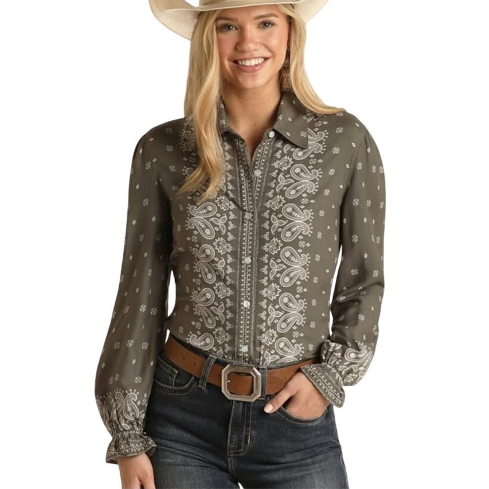 Panhandle button front bandana border print shirt ruffle elastic cuffs woman's L